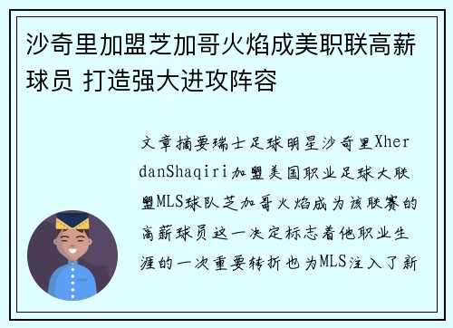 沙奇里加盟芝加哥火焰成美职联高薪球员 打造强大进攻阵容