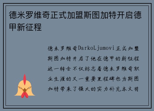 德米罗维奇正式加盟斯图加特开启德甲新征程