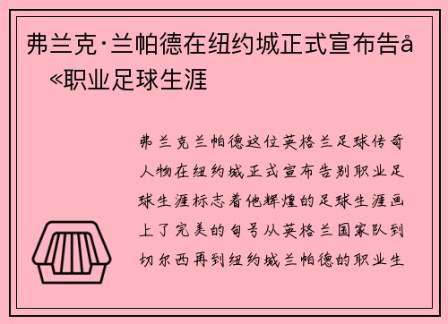 弗兰克·兰帕德在纽约城正式宣布告别职业足球生涯